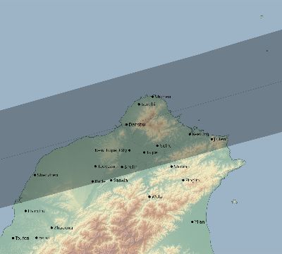 Map of the eclipse path across Taiwan on 04/25/2218