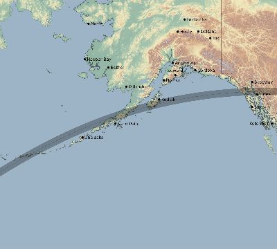 Map of the eclipse path across United States on 04/25/2218