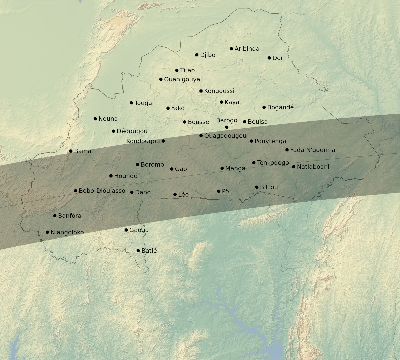 Map of the eclipse path across Burkina Faso on 04/15/2219