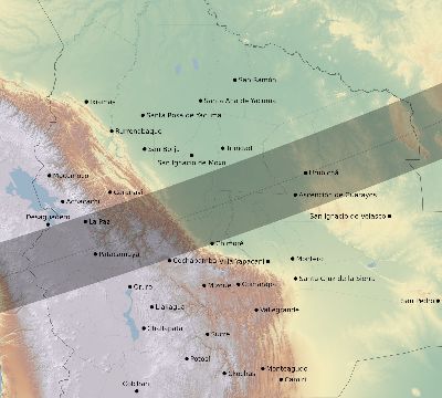 Map of the eclipse path across Bolivia on 04/15/2219