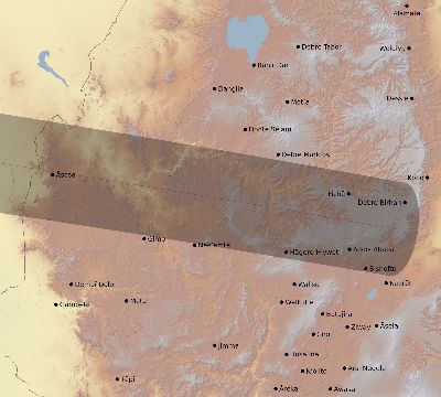 Map of the eclipse path across Ethiopia on 04/15/2219