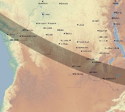 Map of the eclipse path across DR Congo on 10/09/2219