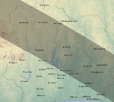 Map of the eclipse path across Côte d'Ivoire (Ivory Coast) on 10/09/2219