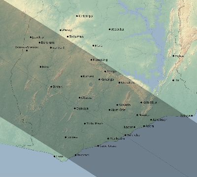 Map of the eclipse path across Ghana on 10/09/2219