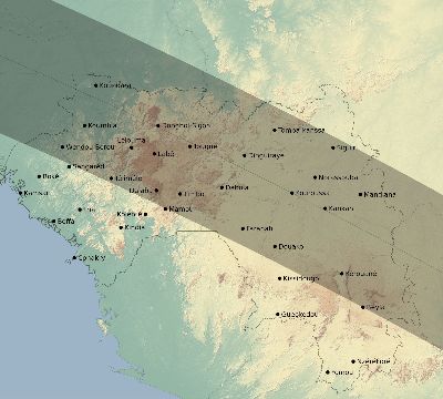 Map of the eclipse path across Guinea on 10/09/2219