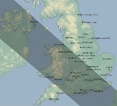 Map of the eclipse path across United Kingdom on 09/27/2220