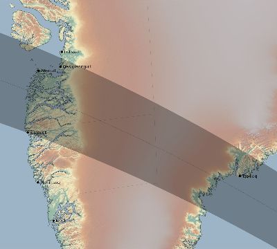 Map of the eclipse path across Greenland on 09/27/2220