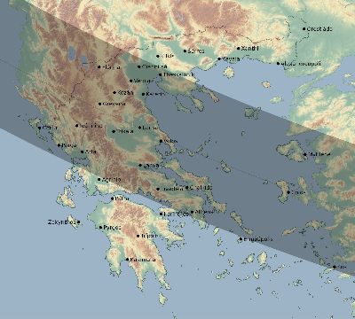 Map of the eclipse path across Greece on 09/27/2220