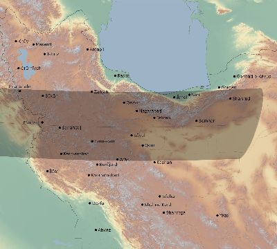 Map of the eclipse path across Iran on 09/27/2220