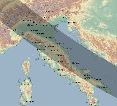 Map of the eclipse path across Italy on 09/27/2220