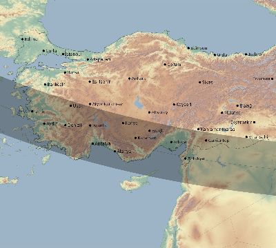 Map of the eclipse path across Turkey on 09/27/2220