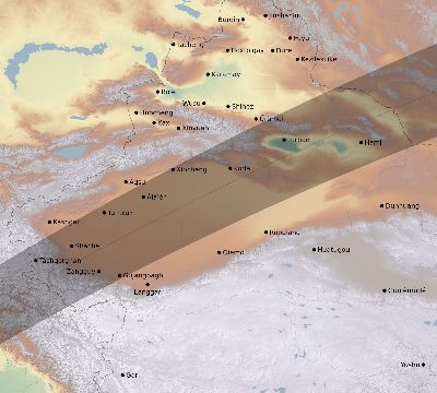 Map of the eclipse path across China on 02/12/2222