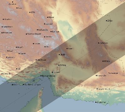 Map of the eclipse path across Iran on 02/12/2222