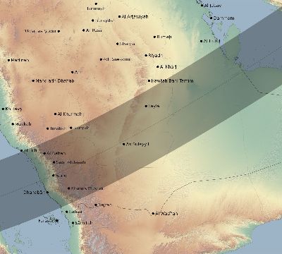 Map of the eclipse path across Saudi Arabia on 02/12/2222