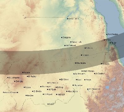 Map of the eclipse path across Sudan on 02/12/2222