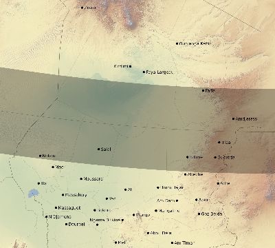 Map of the eclipse path across Chad on 02/12/2222