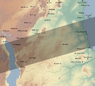 Map of the eclipse path across Tanzania on 08/08/2222