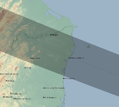 Map of the eclipse path across Nicaragua on 07/28/2223