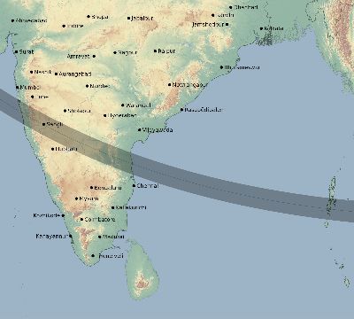 Map of the eclipse path across India on 09/18/2229