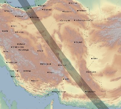 Map of the eclipse path across Iran on 09/18/2229