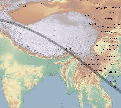 Map of the eclipse path across China on 07/08/2233