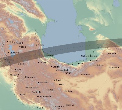 Map of the eclipse path across Iran on 07/08/2233