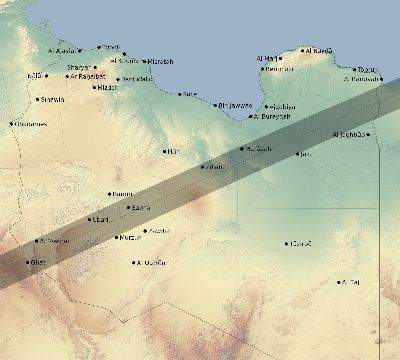 Map of the eclipse path across Libya on 07/08/2233