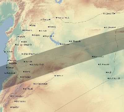 Map of the eclipse path across Syria on 07/08/2233