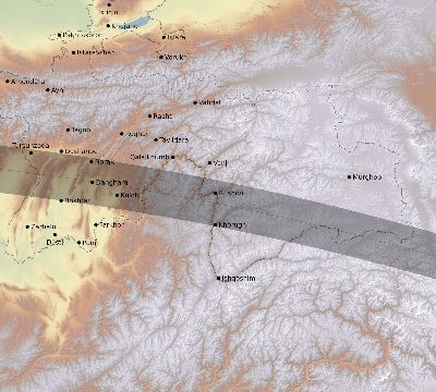 Map of the eclipse path across Tajikistan on 07/08/2233