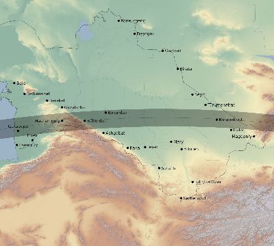 Map of the eclipse path across Turkmenistan on 07/08/2233