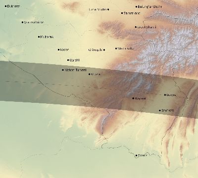 Map of the eclipse path across Uzbekistan on 07/08/2233