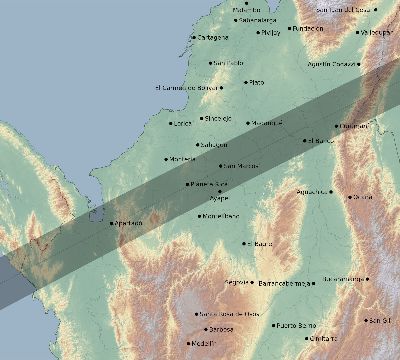 Map of the eclipse path across Colombia on 12/31/2233
