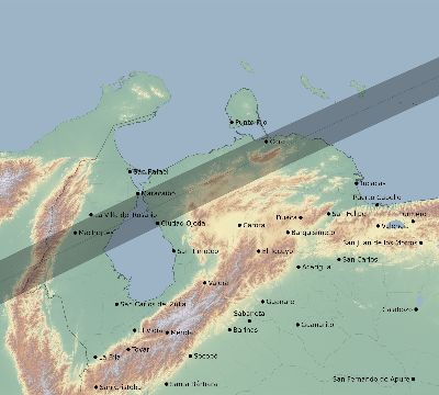 Map of the eclipse path across Venezuela on 12/31/2233