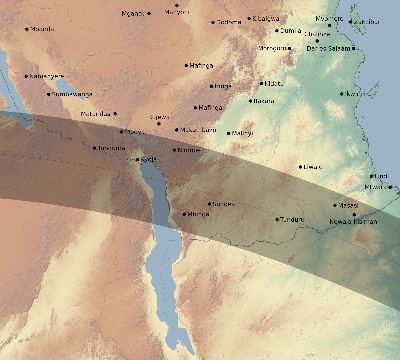 Map of the eclipse path across Tanzania on 06/27/2234