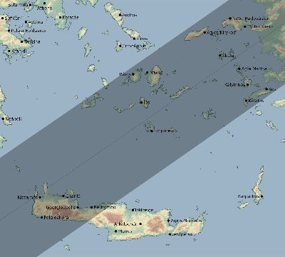 Map of the eclipse path across Greece on 12/21/2234