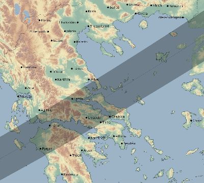 Map of the eclipse path across Greece on 05/06/2236