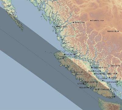 Map of the eclipse path across Canada on 10/08/2238