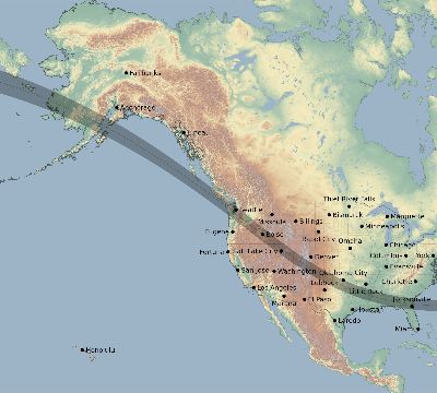 Map of the eclipse path across United States on 10/08/2238