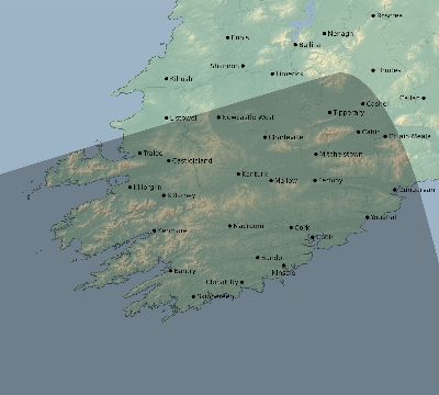 Map of the eclipse path across Ireland on 02/23/2240