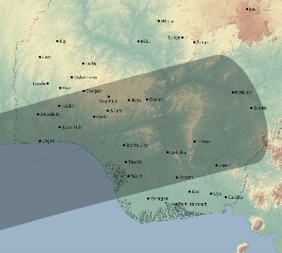 Map of the eclipse path across Nigeria on 02/11/2241
