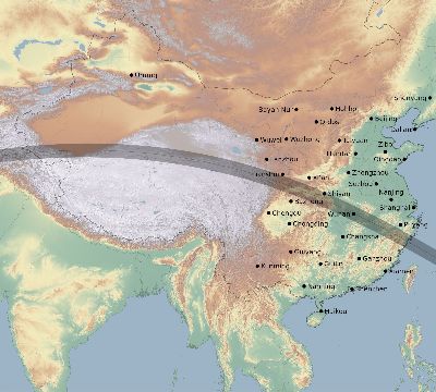 Map of the eclipse path across China on 08/08/2241