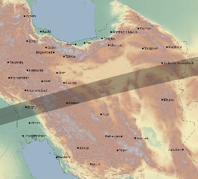 Map of the eclipse path across Iran on 08/08/2241