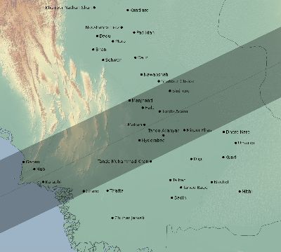 Map of the eclipse path across Pakistan on 12/12/2243
