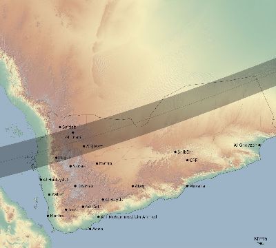 Map of the eclipse path across Yemen on 12/12/2243