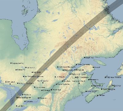 Map of the eclipse path across Canada on 05/26/2245