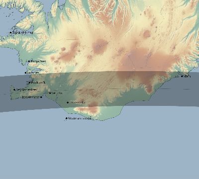 Map of the eclipse path across Iceland on 05/26/2245
