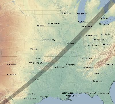 Map of the eclipse path across United States on 05/26/2245