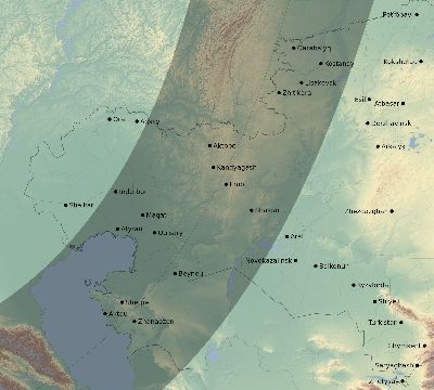Map of the eclipse path across Kazakhstan on 03/15/2249