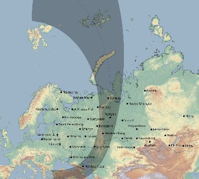 Map of the eclipse path across Russia on 03/15/2249