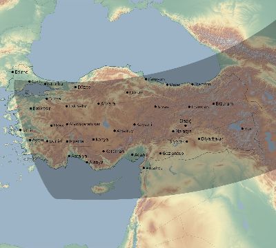 Map of the eclipse path across Turkey on 03/15/2249